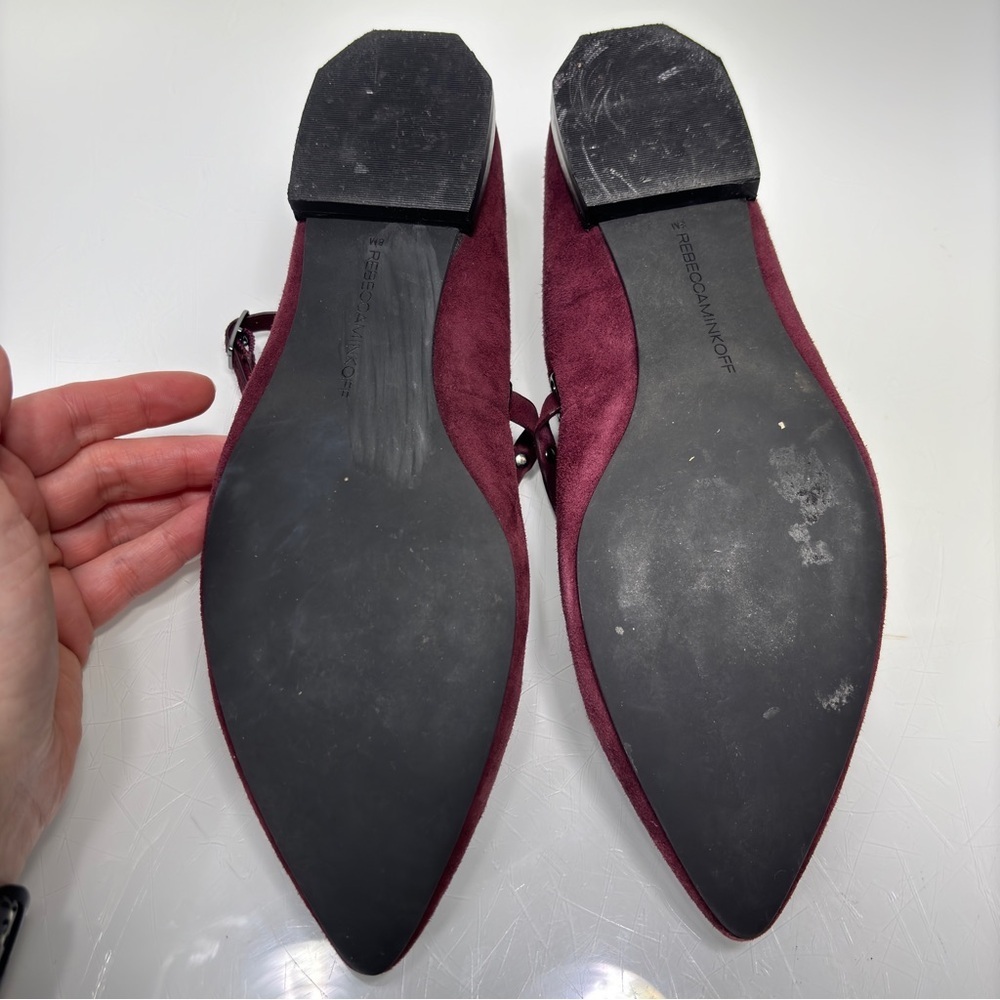 Rebecca Minkoff Faye Dark Maroon Suede Studded Straps Pointed‎ Toe Flats Size 8 - Picture 10 of 12